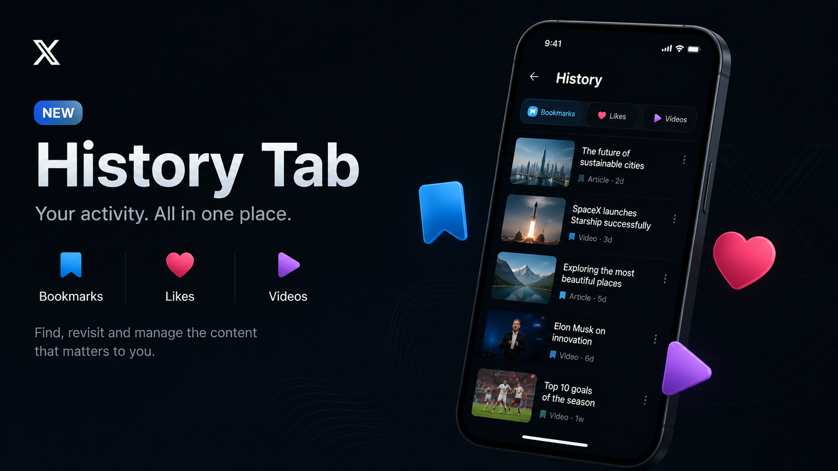 X Launches History Tab for Bookmarks, Likes and Videos